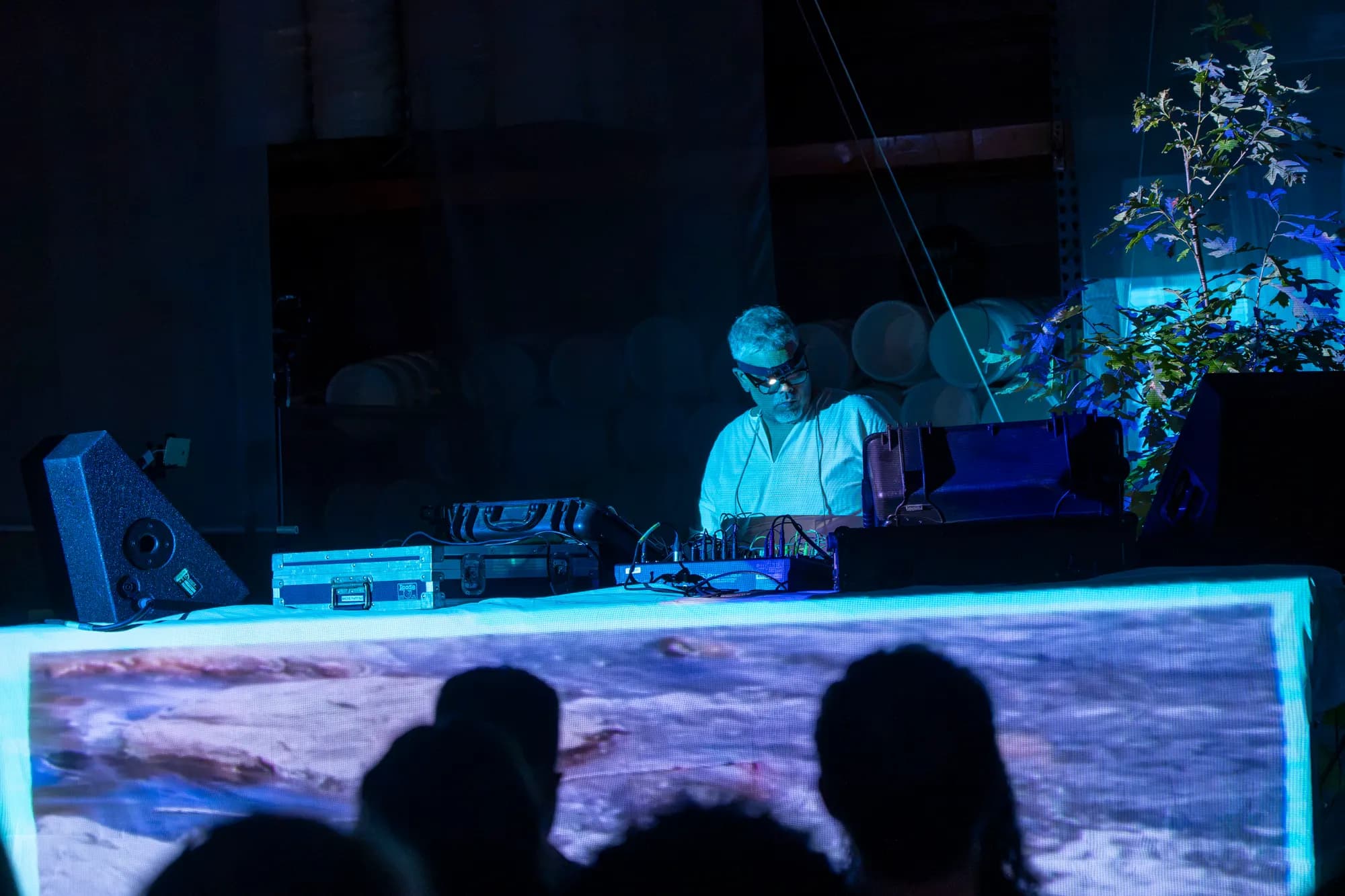 A DJ working behind the decks under blue light, the crowd in silhouette.